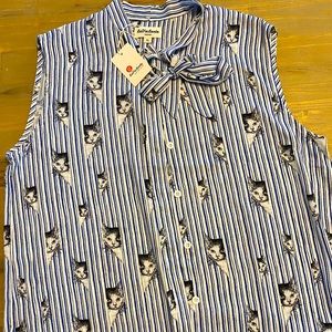 NWT, Kitty print on blue & white strip, top XL